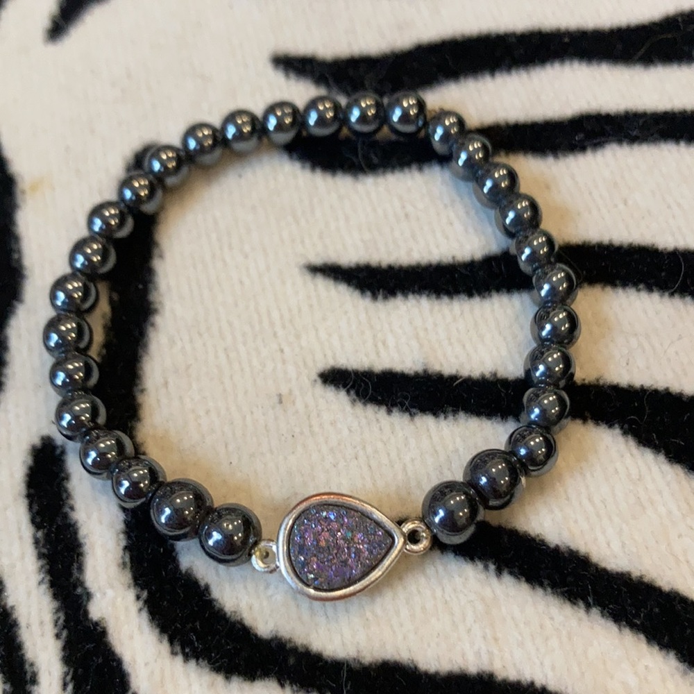 Stackable Gunmetal Beaded Bracelets. One Druzy Ch… - image 5